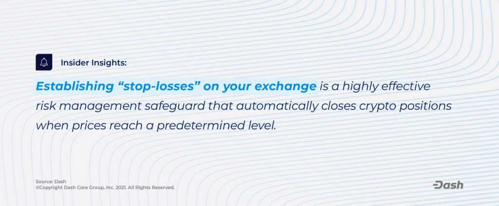 Establishing "stop-losses" on your exchange is a highly effective risk management safeguard that automatically closes crypto positions when prices reach a predetermined level.