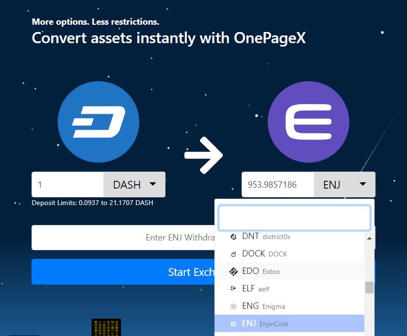 Dash now fully integrated into OnePageX (Shapeshift stye with no kyc